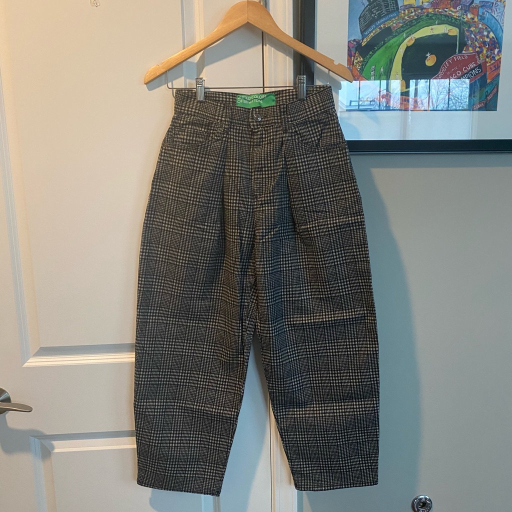 Benetton (Nwt) High-Waisted Check Trousers Dark Gray Size 25